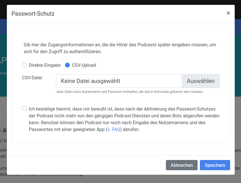 Upload-Funktion für CSV-Dateien auf podcaster.de